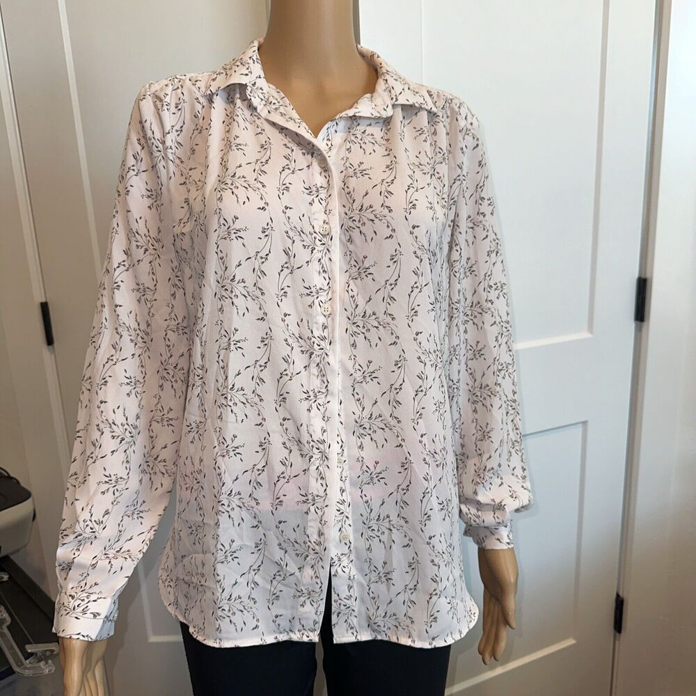 H&M WOMENS LONG SLEEVE White/Lavender FLORAL BLOUSE Sz 8